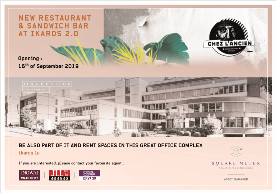 Promotional image in salmon pink and brown showing the office complex IKAROS 2.0 where restaurant CHEZ L'ANCIEN will be opening on 16 September 2019.