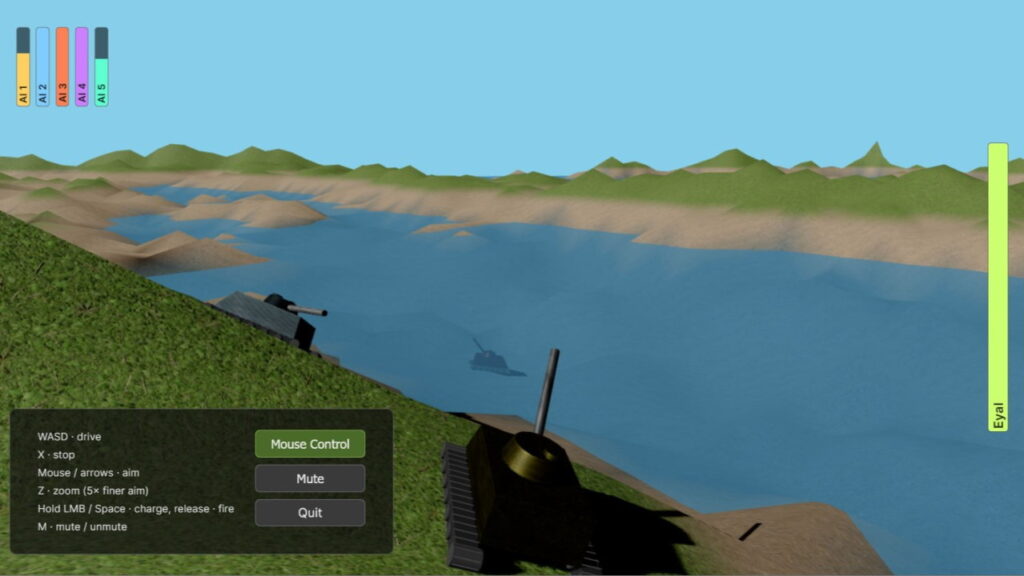 A screenshot showing player's tank on a river bank looking at two AI tanks, one on the same river bank and one in the river immersed under water.