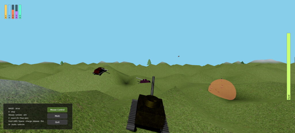 A screenshot showing player's tank in a hilly field looking at two AI tanks aiming at each other.