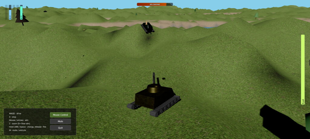 A screenshot showing player's tank after hitting an AI tank about 10 meters away. A "Reloading" progress bar at the top shows a countdown to the next available shot.